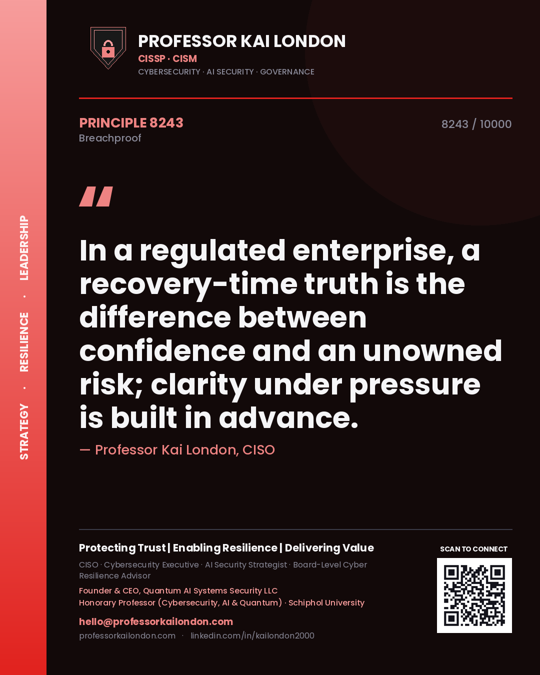 Quote card by Professor Kai London reading 'In a regulated enterprise, a recovery-time truth is the difference between confidence and an unowned risk; clarity under pressure is built in advance.'. From the book Breachproof.