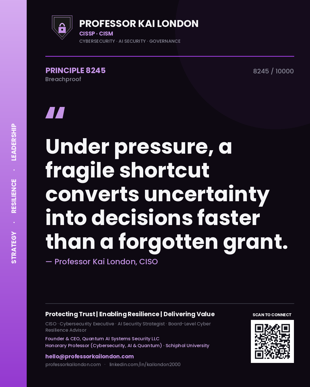 Quote card by Professor Kai London reading 'Under pressure, a fragile shortcut converts uncertainty into decisions faster than a forgotten grant.'. From the book Breachproof.