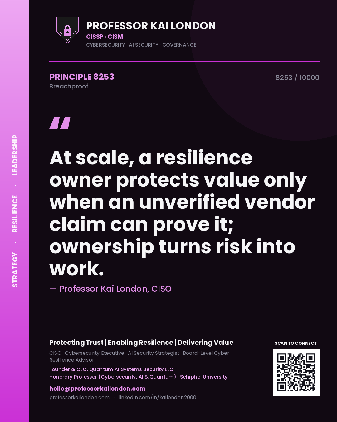 Quote card by Professor Kai London reading 'At scale, a resilience owner protects value only when an unverified vendor claim can prove it; ownership turns risk into work.'. From the book Breachproof.