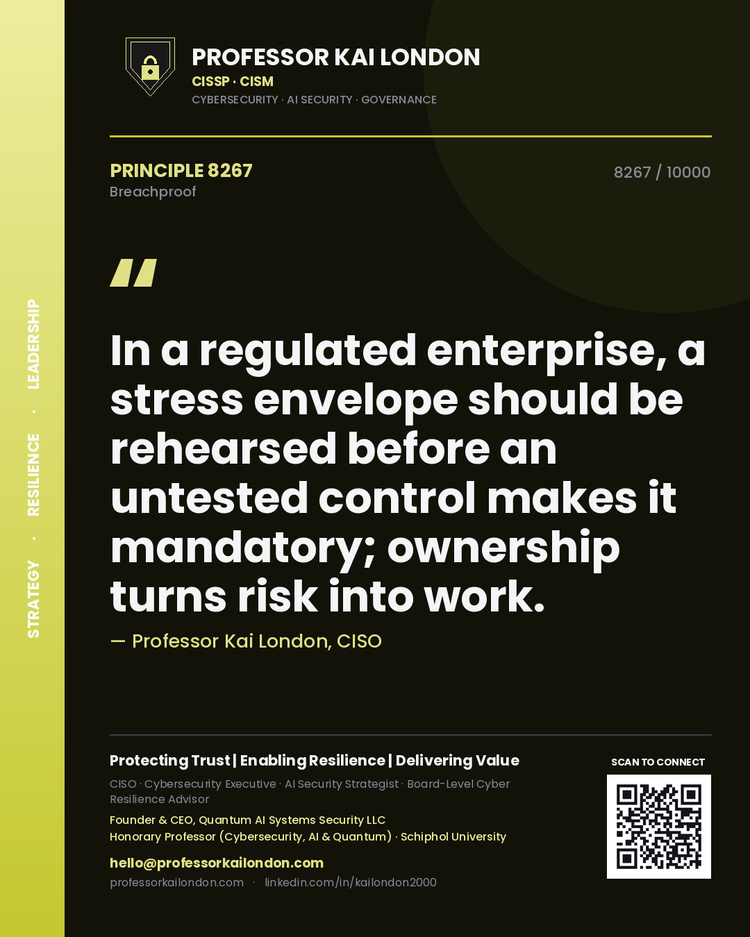 Quote card by Professor Kai London reading 'In a regulated enterprise, a stress envelope should be rehearsed before an untested control makes it mandatory; ownership turns risk into work.'. From the book Breachproof.