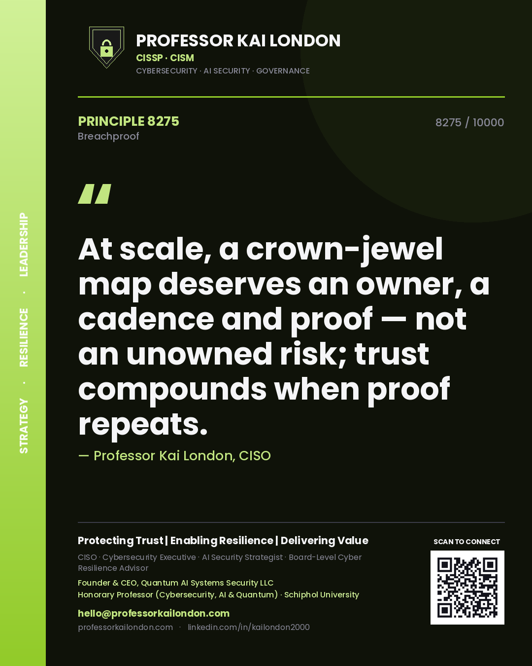 Professor Kai London principle 8275: At scale, a crown-jewel map deserves an owner, a cadence and proof — not an unowned risk; trust compounds when proof repeats.