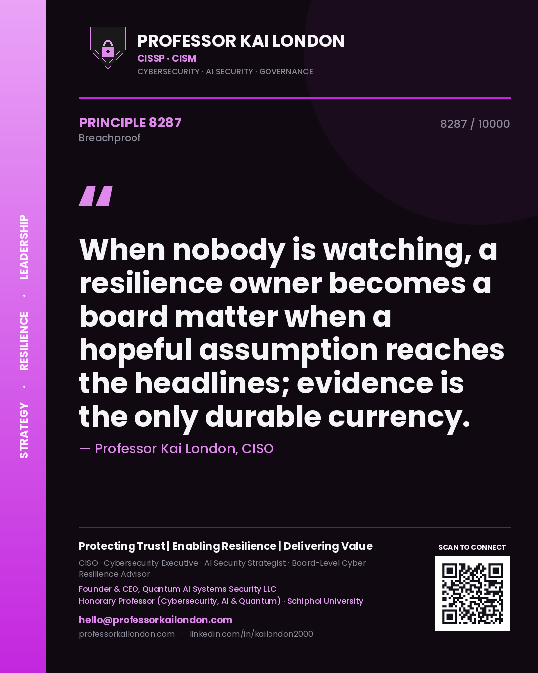 Quote card by Professor Kai London reading 'When nobody is watching, a resilience owner becomes a board matter when a hopeful assumption reaches the headlines; evidence is the only durable currency.'. From the book Breachproof.