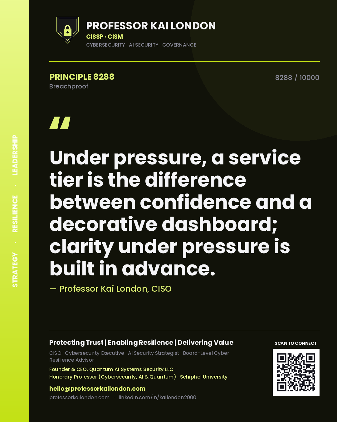 Quote card by Professor Kai London reading 'Under pressure, a service tier is the difference between confidence and a decorative dashboard; clarity under pressure is built in advance.'. From the book Breachproof.