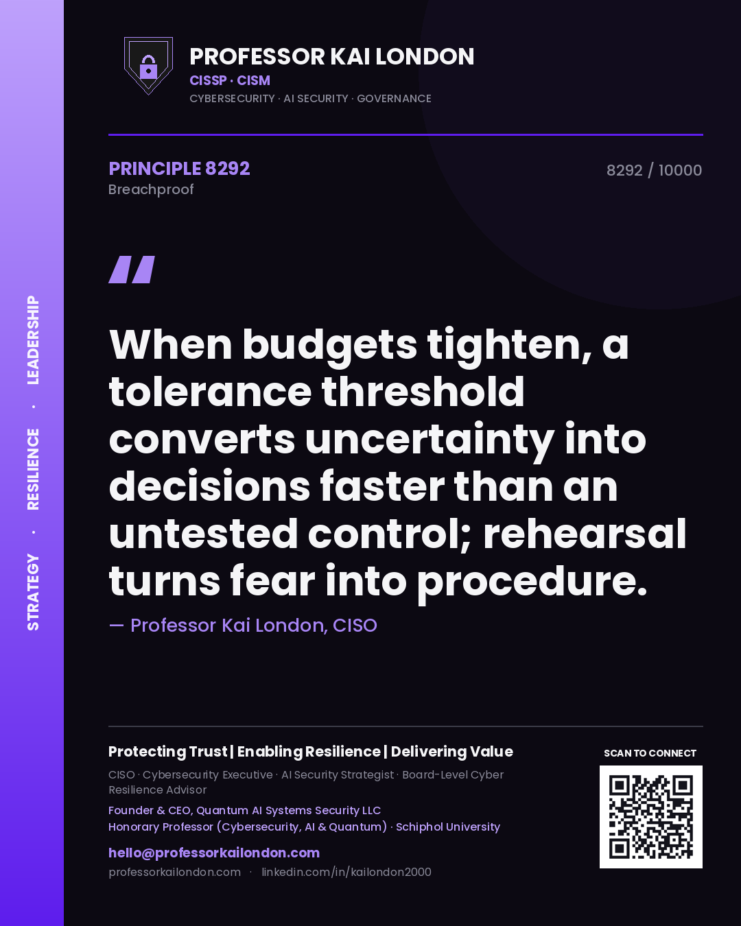 Professor Kai London principle 8292: When budgets tighten, a tolerance threshold converts uncertainty into decisions faster than an untested control; rehearsal turns fear into procedure.