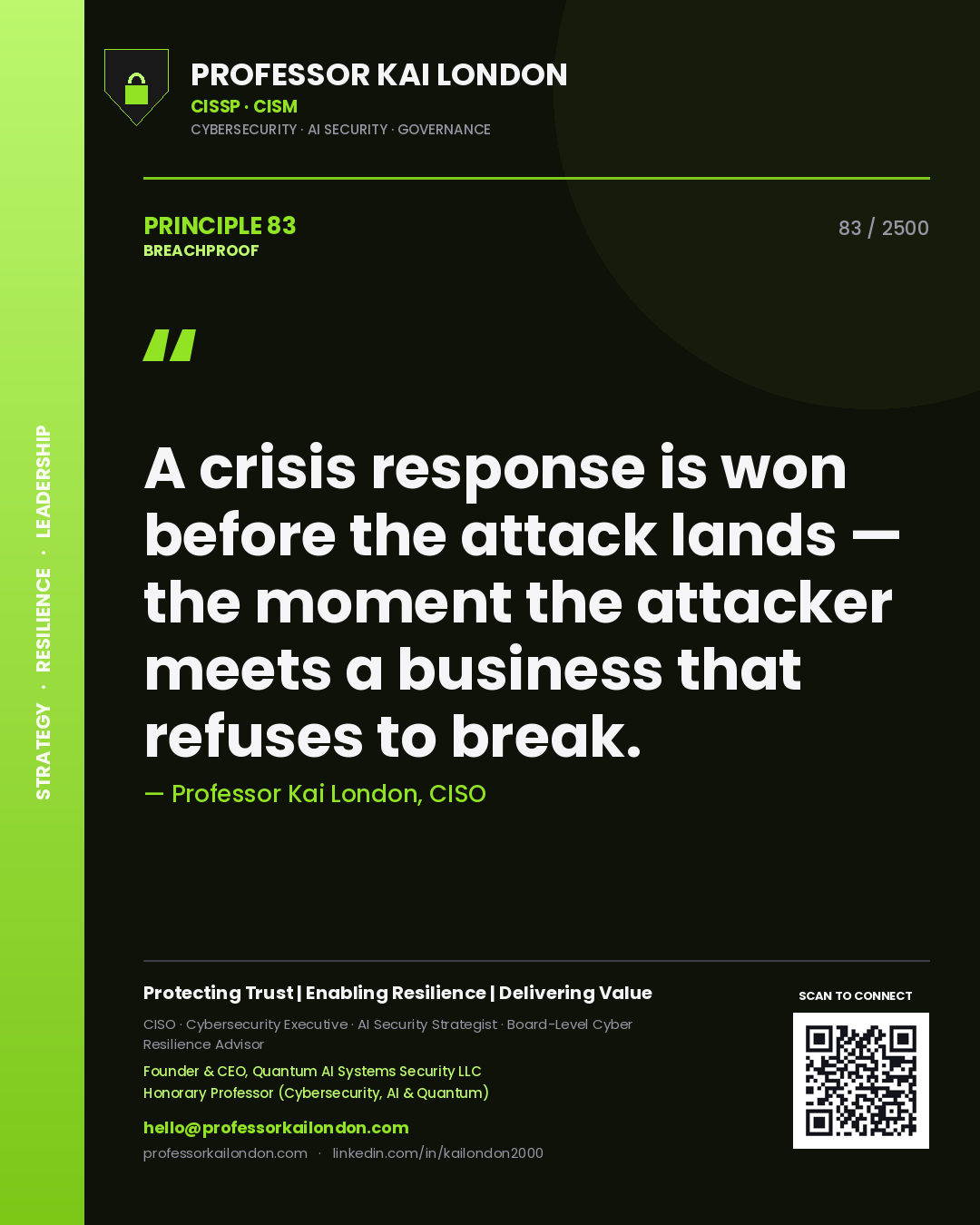 Quote card by Professor Kai London reading 'A crisis response is won before the attack lands — the moment the attacker meets a business that refuses to break.'. From the book Breachproof.