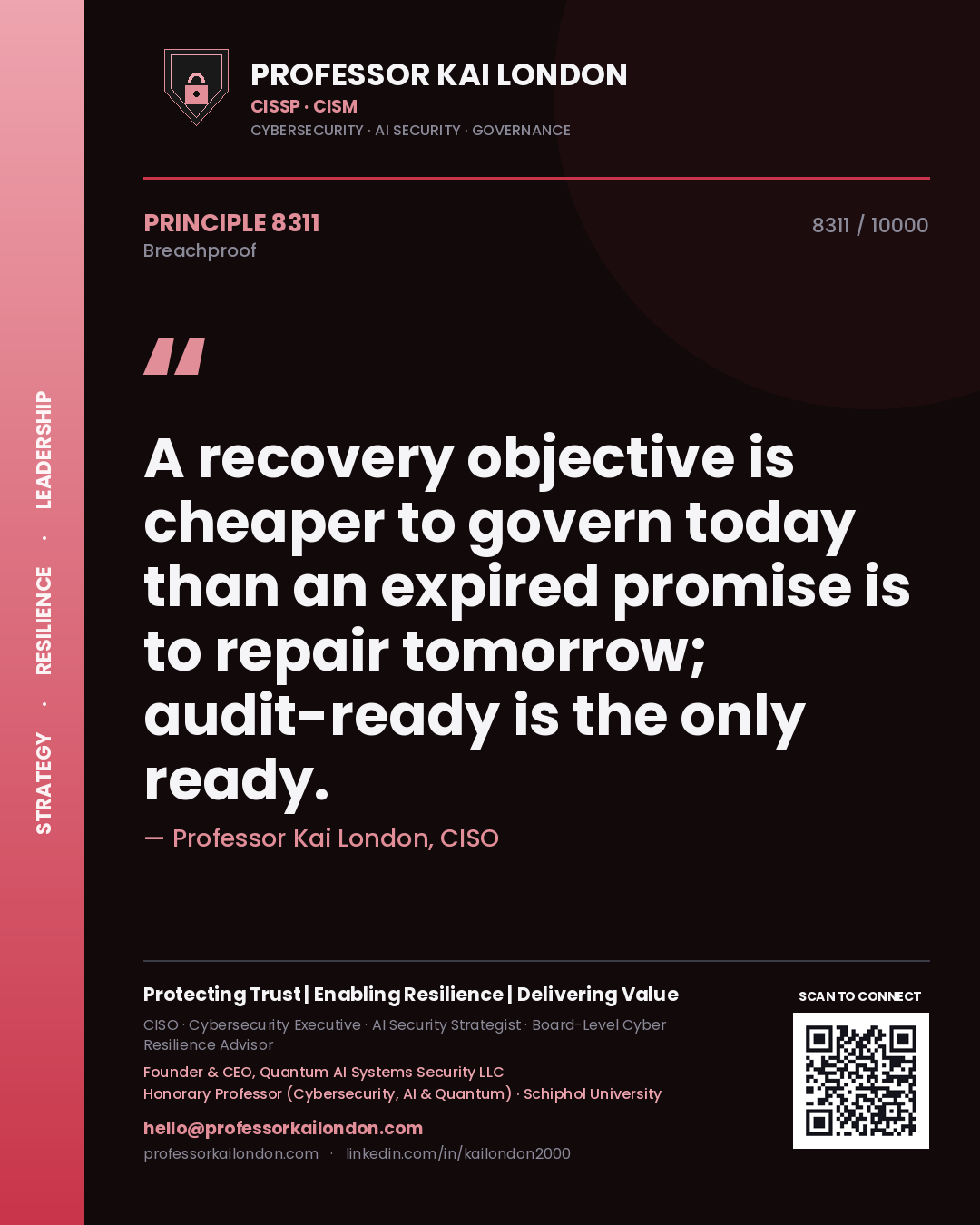 Quote card by Professor Kai London reading 'A recovery objective is cheaper to govern today than an expired promise is to repair tomorrow; audit-ready is the only ready.'. From the book Breachproof.