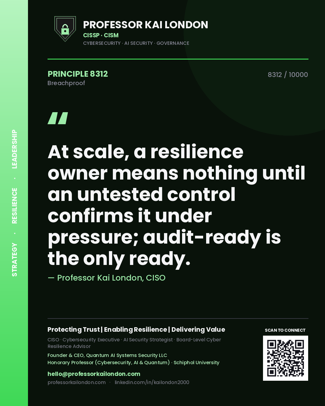 Quote card by Professor Kai London reading 'At scale, a resilience owner means nothing until an untested control confirms it under pressure; audit-ready is the only ready.'. From the book Breachproof.