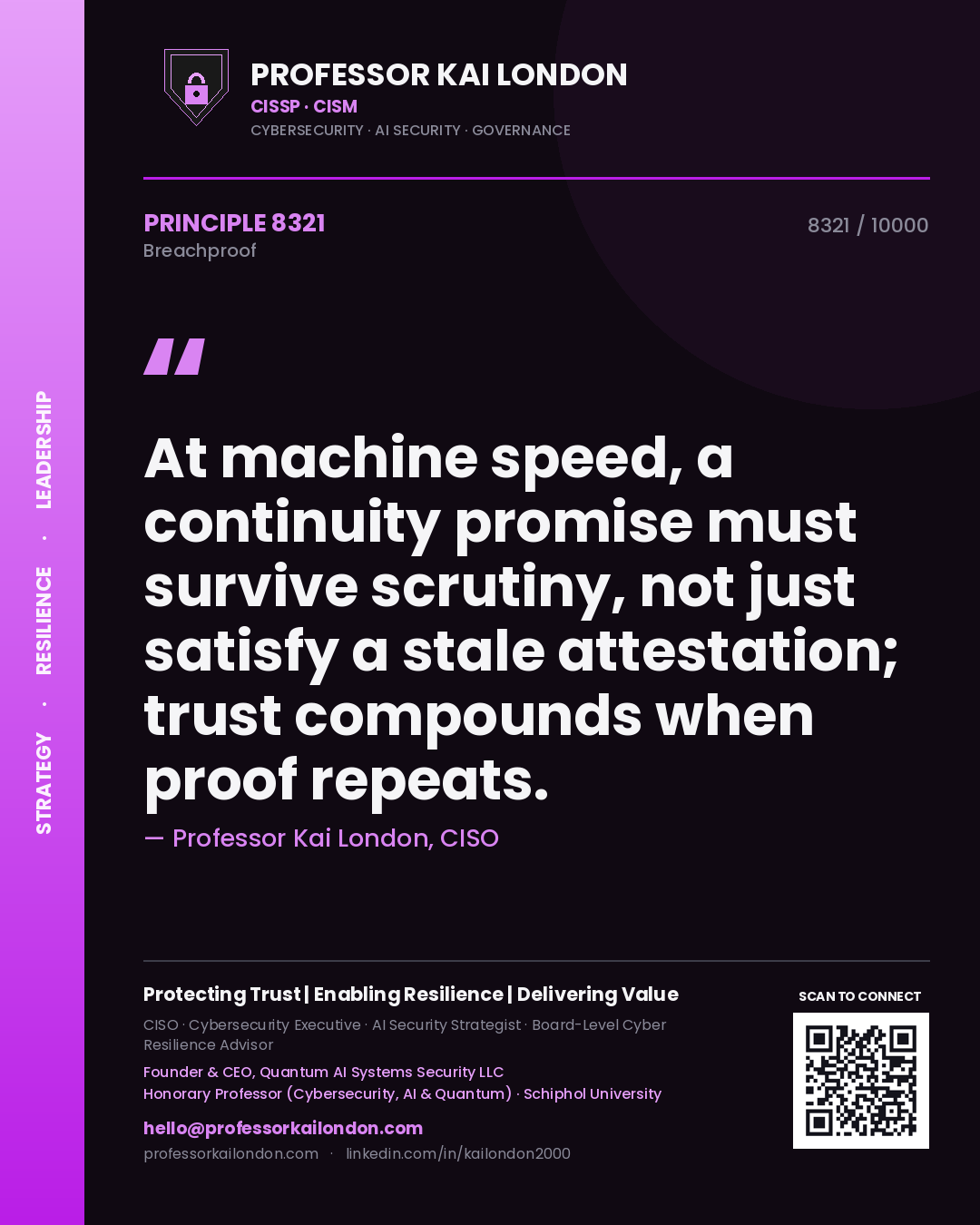 Professor Kai London principle 8321: At machine speed, a continuity promise must survive scrutiny, not just satisfy a stale attestation; trust compounds when proof repeats.