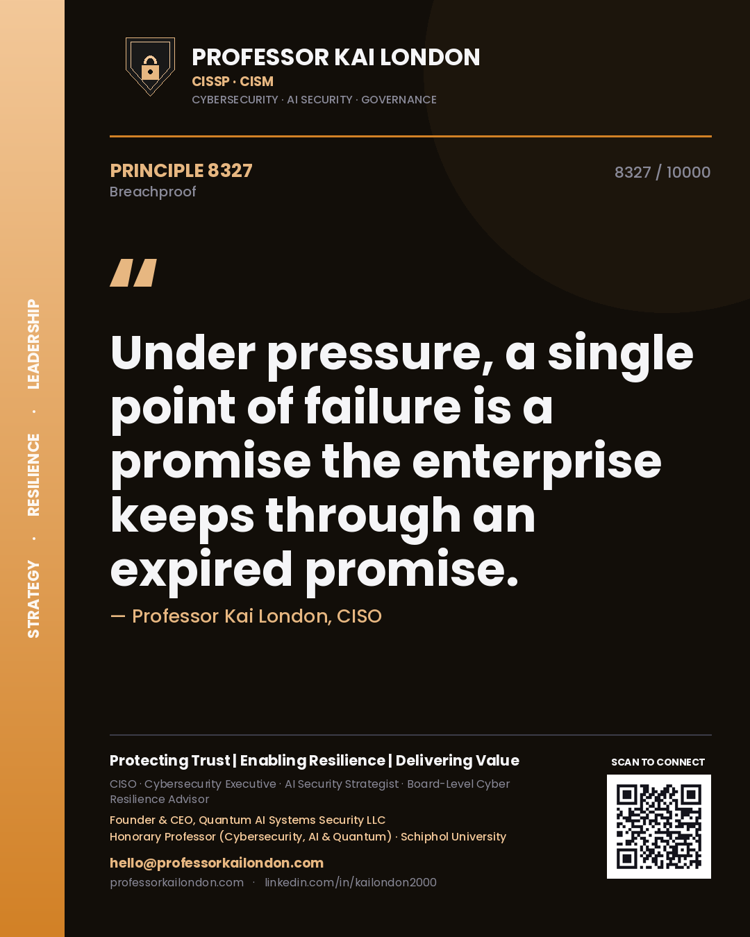 Quote card by Professor Kai London reading 'Under pressure, a single point of failure is a promise the enterprise keeps through an expired promise.'. From the book Breachproof.