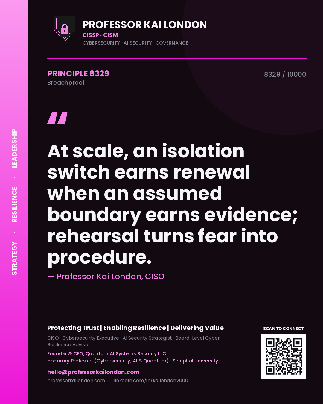 Quote card by Professor Kai London reading 'At scale, an isolation switch earns renewal when an assumed boundary earns evidence; rehearsal turns fear into procedure.'. From the book Breachproof.
