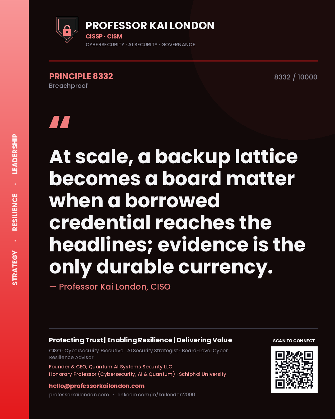 Quote card by Professor Kai London reading 'At scale, a backup lattice becomes a board matter when a borrowed credential reaches the headlines; evidence is the only durable currency.'. From the book Breachproof.