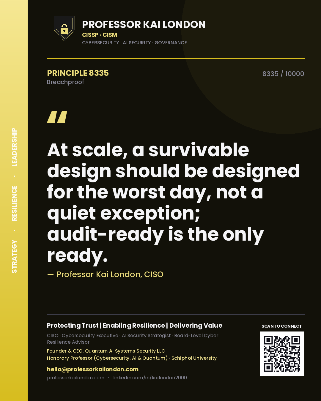 Quote card by Professor Kai London reading 'At scale, a survivable design should be designed for the worst day, not a quiet exception; audit-ready is the only ready.'. From the book Breachproof.