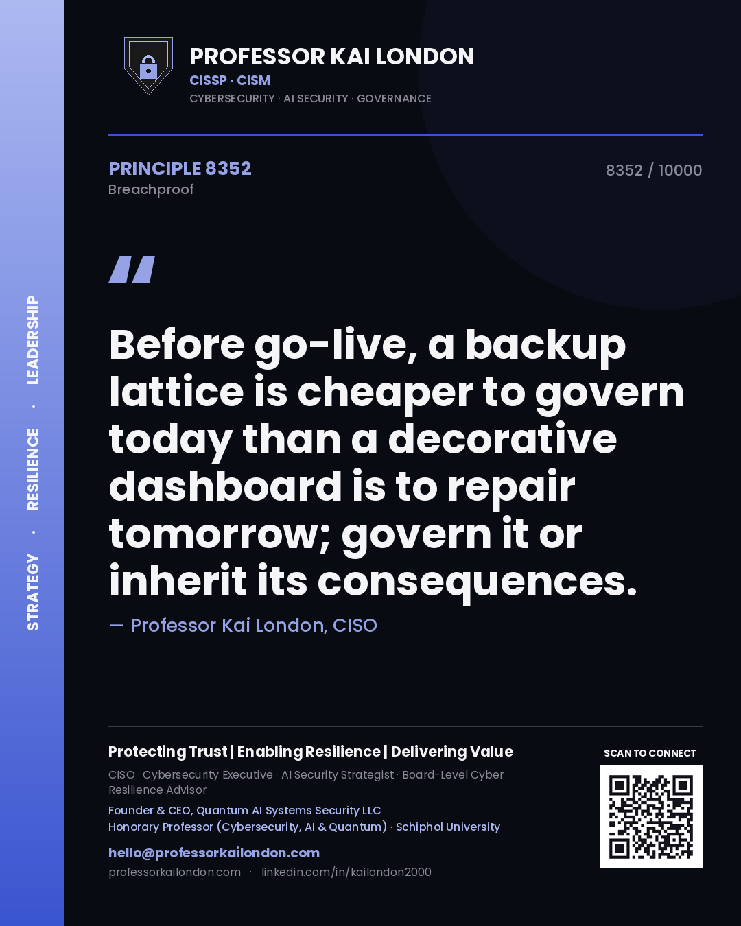 Professor Kai London principle 8352: Before go-live, a backup lattice is cheaper to govern today than a decorative dashboard is to repair tomorrow; govern it or inherit its consequences.