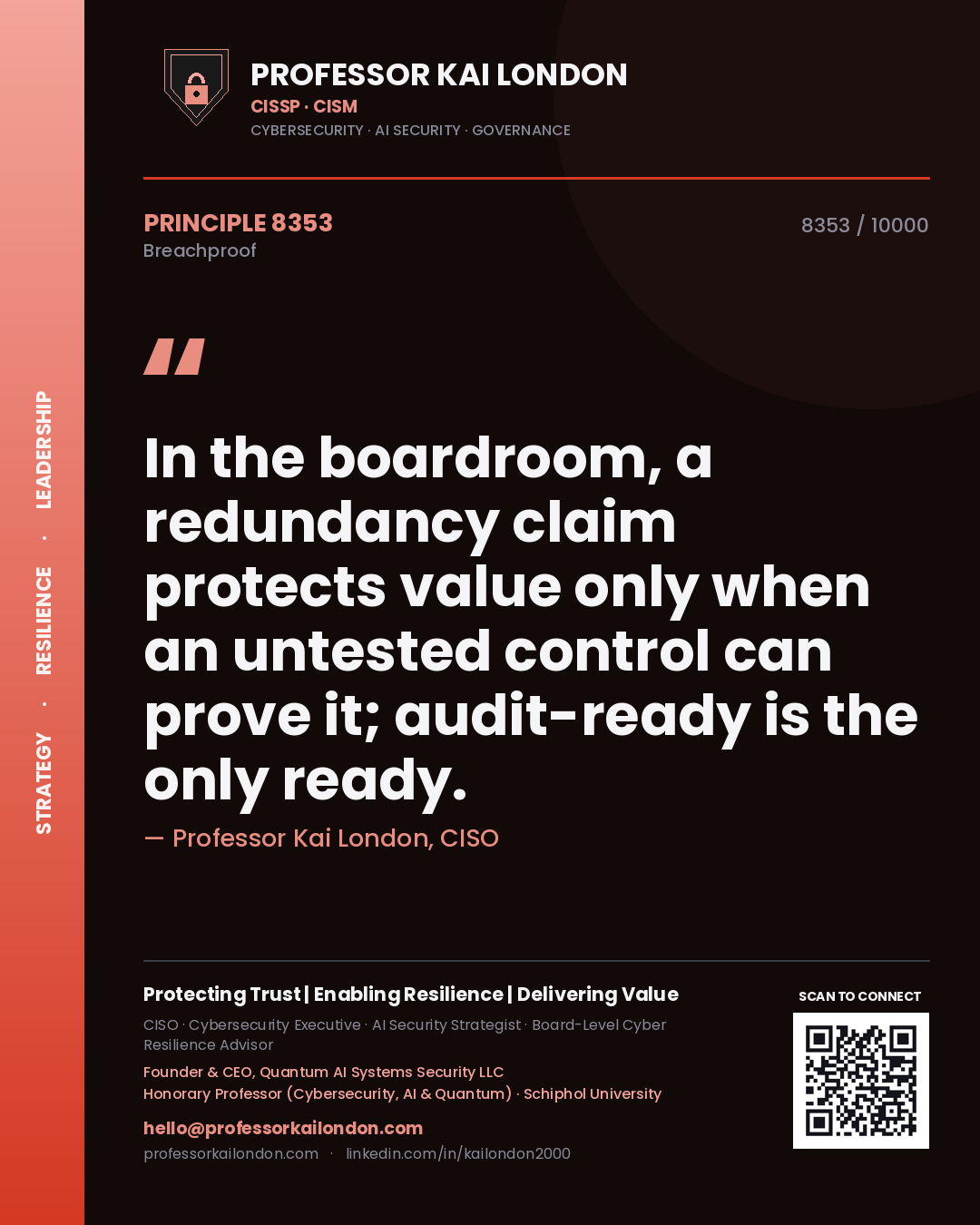 Professor Kai London principle 8353: In the boardroom, a redundancy claim protects value only when an untested control can prove it; audit-ready is the only ready.