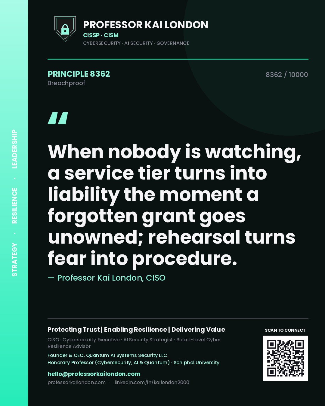 Professor Kai London principle 8362: When nobody is watching, a service tier turns into liability the moment a forgotten grant goes unowned; rehearsal turns fear into procedure.