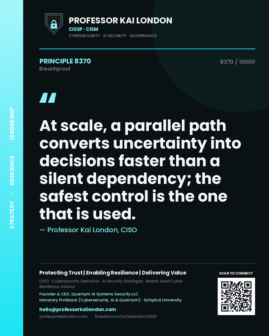 Quote card by Professor Kai London reading 'At scale, a parallel path converts uncertainty into decisions faster than a silent dependency; the safest control is the one that is used.'. From the book Breachproof.