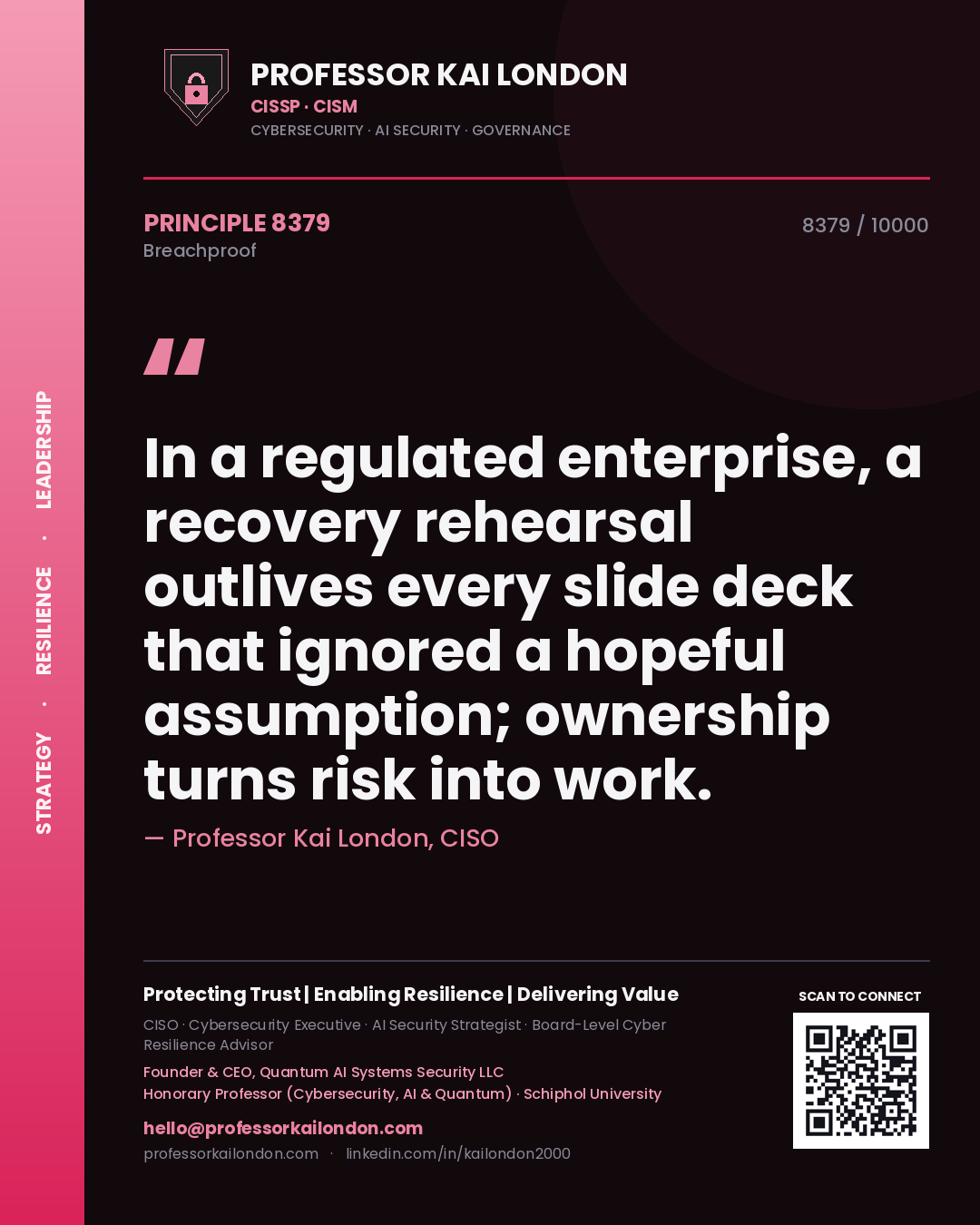 Professor Kai London principle 8379: In a regulated enterprise, a recovery rehearsal outlives every slide deck that ignored a hopeful assumption; ownership turns risk into work.