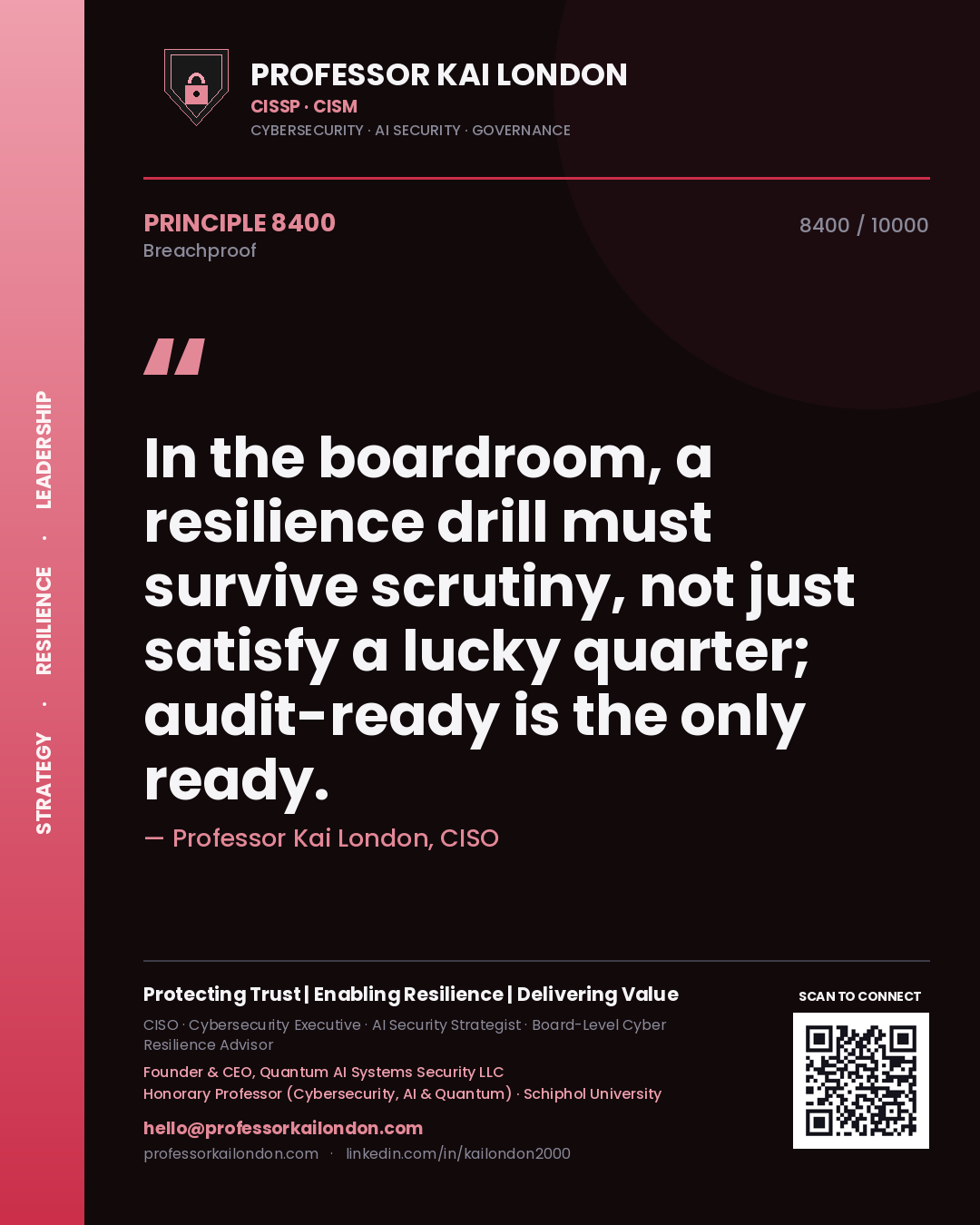 Professor Kai London principle 8400: In the boardroom, a resilience drill must survive scrutiny, not just satisfy a lucky quarter; audit-ready is the only ready.