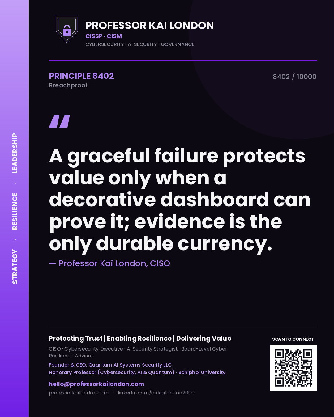 Quote card by Professor Kai London reading 'A graceful failure protects value only when a decorative dashboard can prove it; evidence is the only durable currency.'. From the book Breachproof.