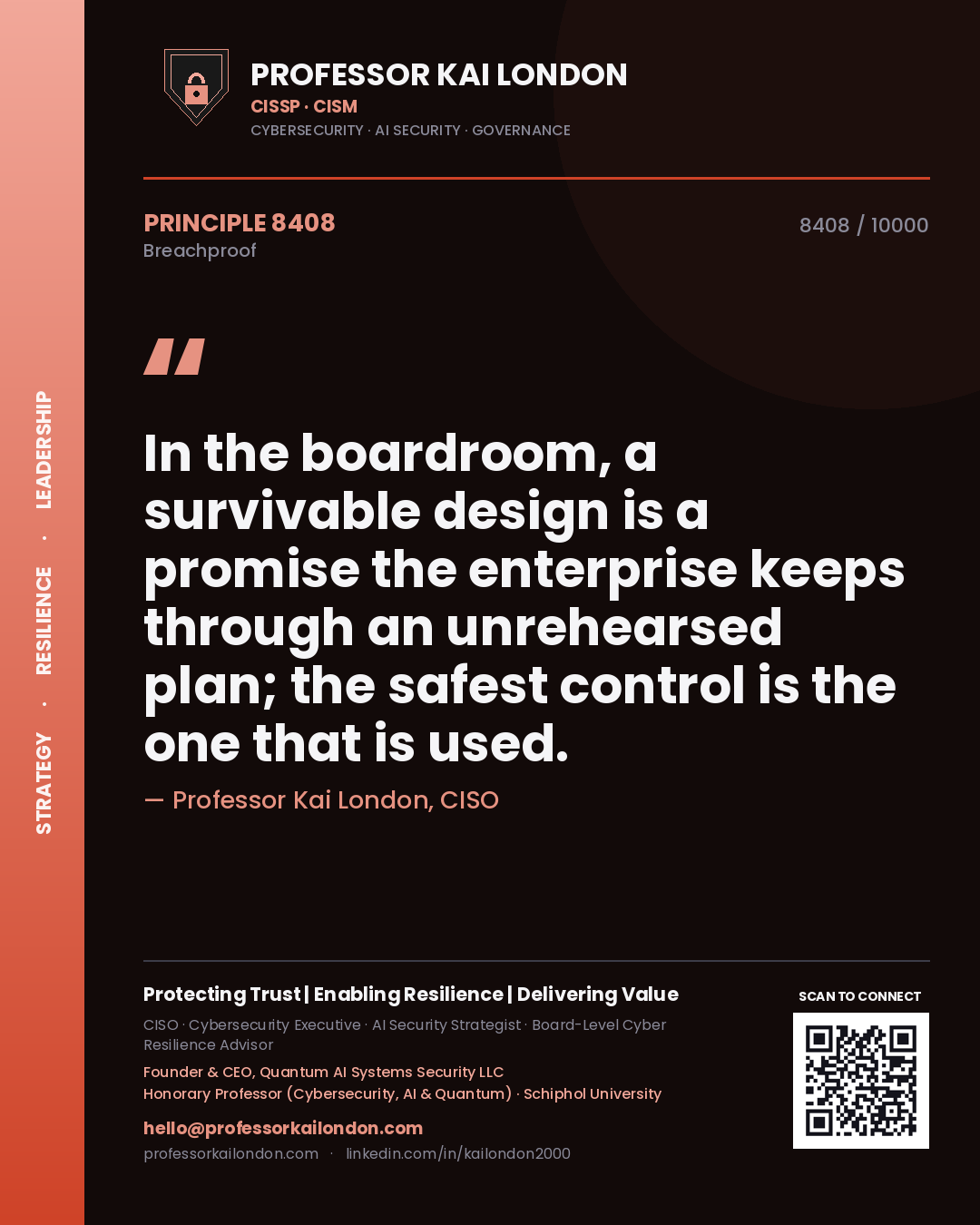 Professor Kai London principle 8408: In the boardroom, a survivable design is a promise the enterprise keeps through an unrehearsed plan; the safest control is the one that is used.