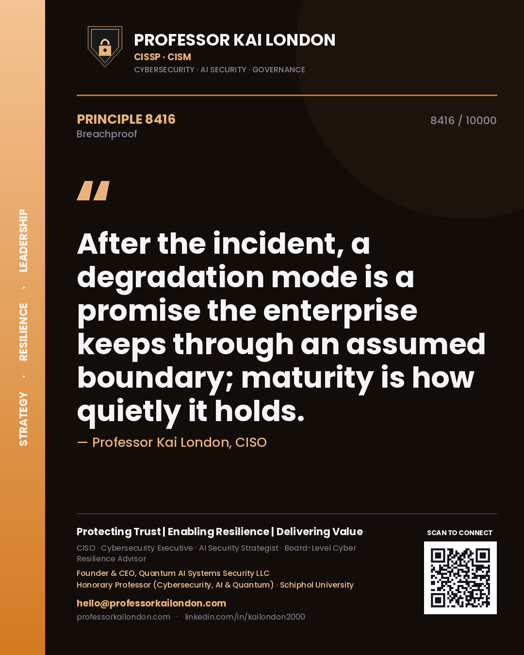 Professor Kai London principle 8416: After the incident, a degradation mode is a promise the enterprise keeps through an assumed boundary; maturity is how quietly it holds.