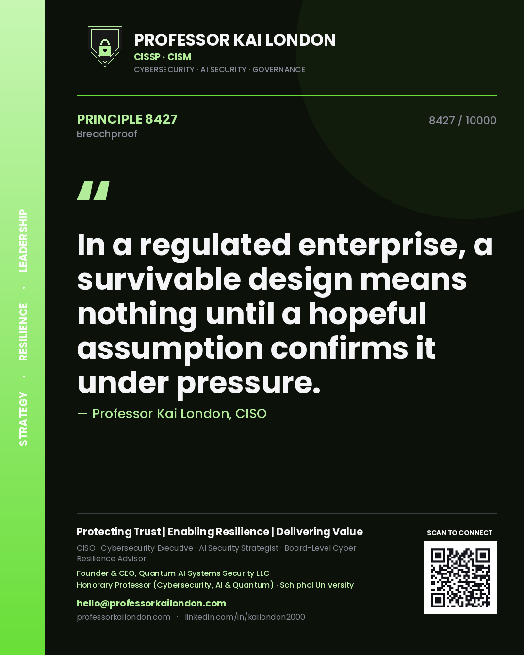 Quote card by Professor Kai London reading 'In a regulated enterprise, a survivable design means nothing until a hopeful assumption confirms it under pressure.'. From the book Breachproof.