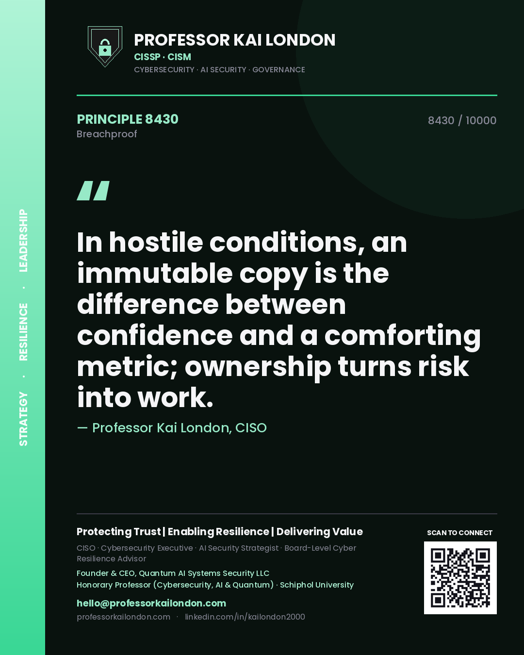 Professor Kai London principle 8430: In hostile conditions, an immutable copy is the difference between confidence and a comforting metric; ownership turns risk into work.