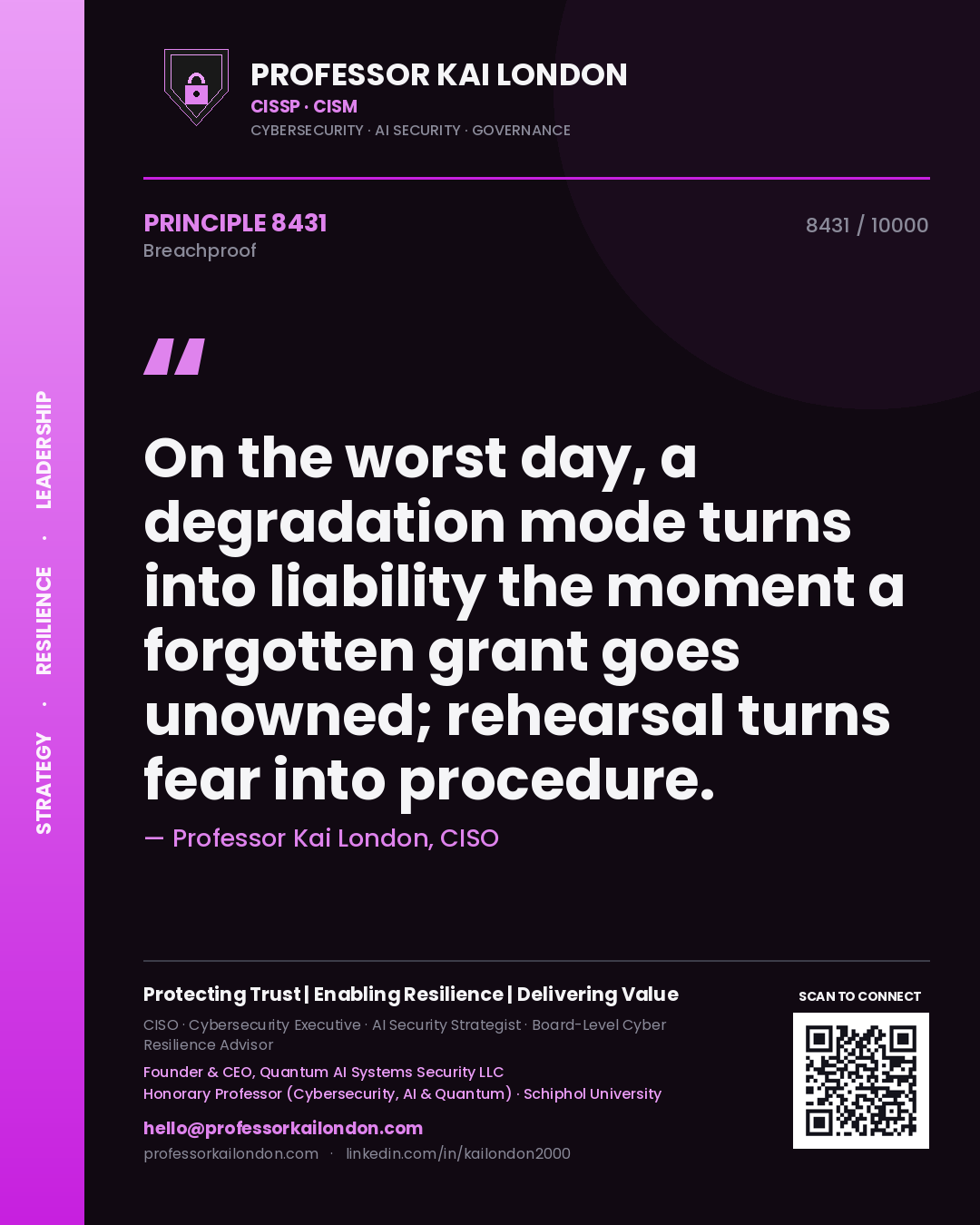 Quote card by Professor Kai London reading 'On the worst day, a degradation mode turns into liability the moment a forgotten grant goes unowned; rehearsal turns fear into procedure.'. From the book Breachproof.