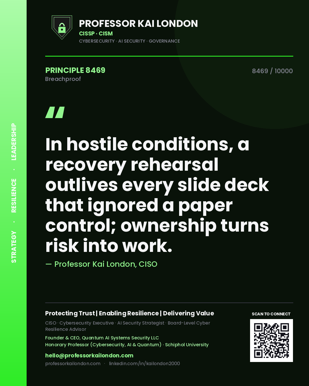 Quote card by Professor Kai London reading 'In hostile conditions, a recovery rehearsal outlives every slide deck that ignored a paper control; ownership turns risk into work.'. From the book Breachproof.