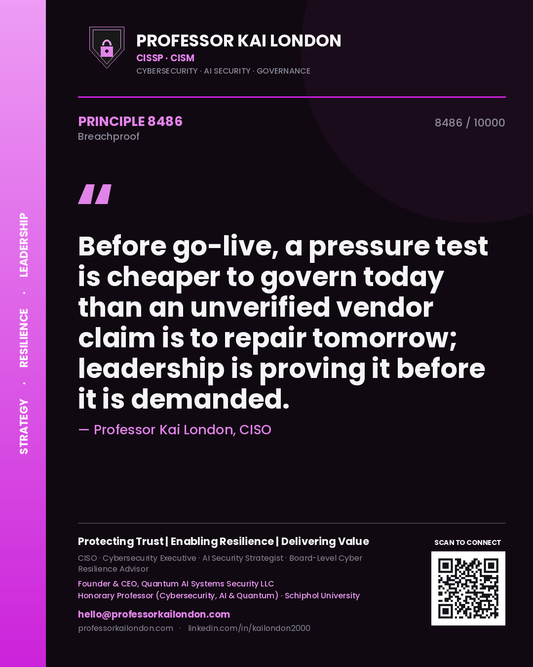 Professor Kai London principle 8486: Before go-live, a pressure test is cheaper to govern today than an unverified vendor claim is to repair tomorrow; leadership is proving it before it is demanded.
