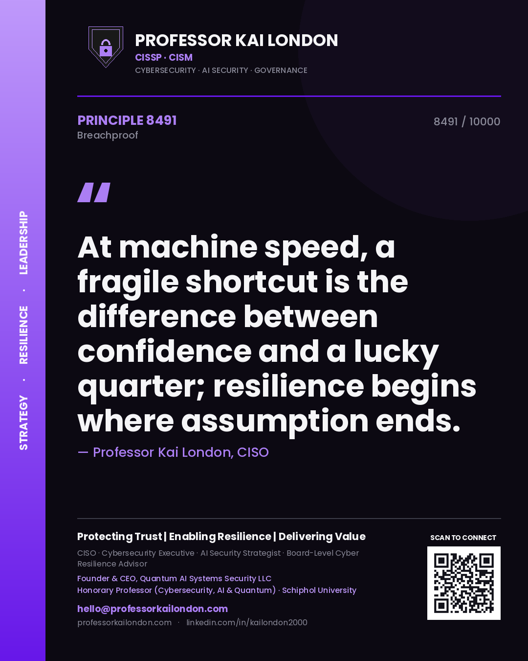 Quote card by Professor Kai London reading 'At machine speed, a fragile shortcut is the difference between confidence and a lucky quarter; resilience begins where assumption ends.'. From the book Breachproof.