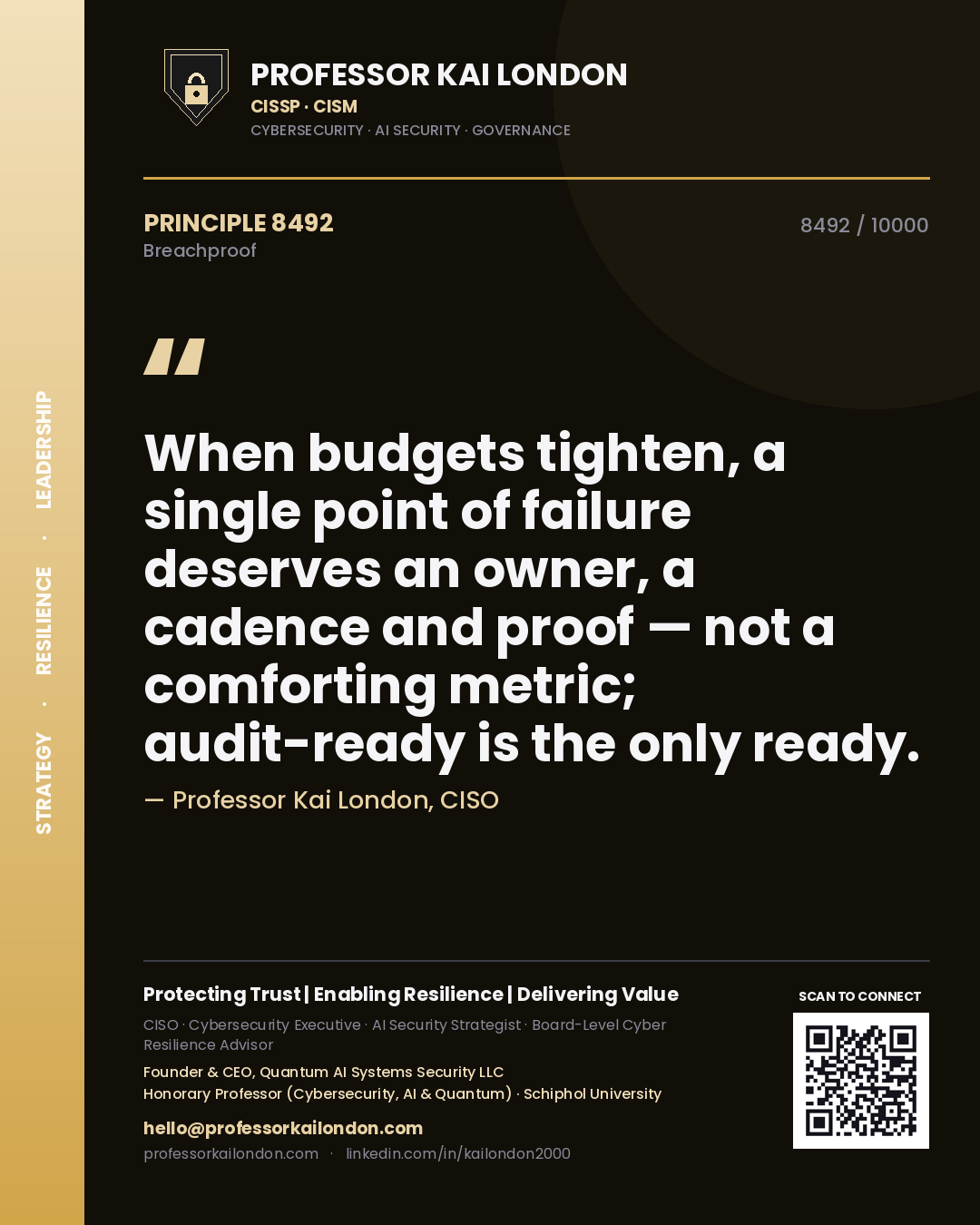 Quote card by Professor Kai London reading 'When budgets tighten, a single point of failure deserves an owner, a cadence and proof — not a comforting metric; audit-ready is the only ready.'. From the book Breachproof.