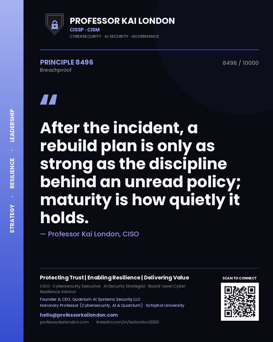 Quote card by Professor Kai London reading 'After the incident, a rebuild plan is only as strong as the discipline behind an unread policy; maturity is how quietly it holds.'. From the book Breachproof.