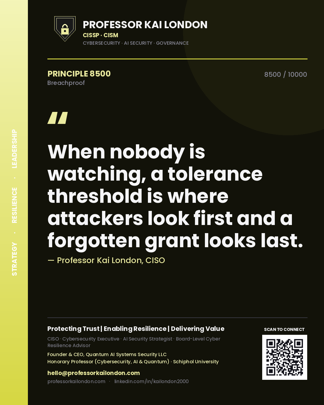 Quote card by Professor Kai London reading 'When nobody is watching, a tolerance threshold is where attackers look first and a forgotten grant looks last.'. From the book Breachproof.