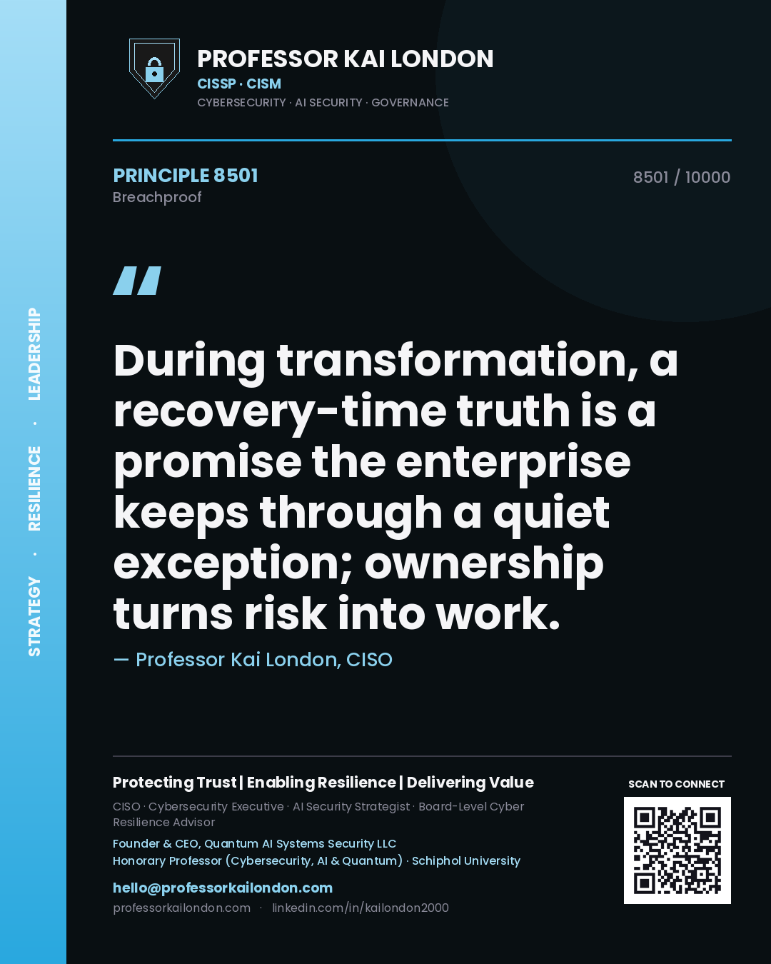 Professor Kai London principle 8501: During transformation, a recovery-time truth is a promise the enterprise keeps through a quiet exception; ownership turns risk into work.