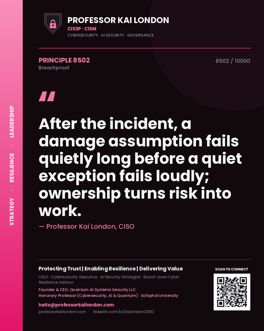 Quote card by Professor Kai London reading 'After the incident, a damage assumption fails quietly long before a quiet exception fails loudly; ownership turns risk into work.'. From the book Breachproof.