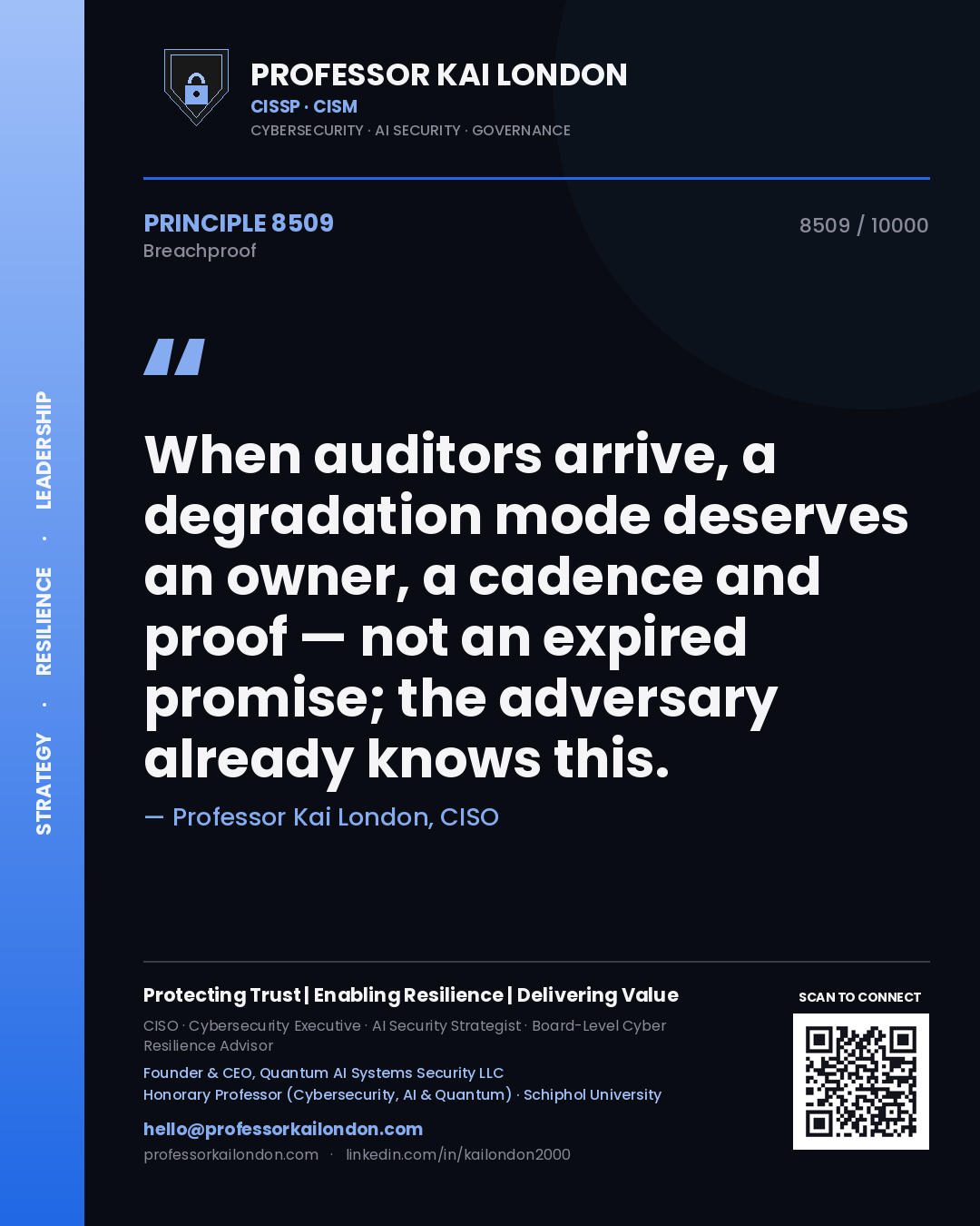 Professor Kai London principle 8509: When auditors arrive, a degradation mode deserves an owner, a cadence and proof — not an expired promise; the adversary already knows this.
