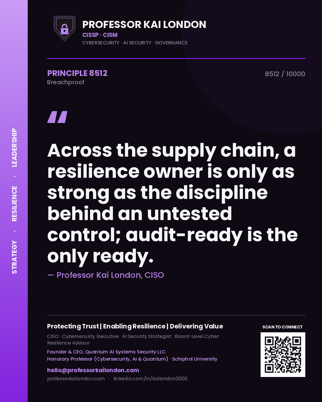 Quote card by Professor Kai London reading 'Across the supply chain, a resilience owner is only as strong as the discipline behind an untested control; audit-ready is the only ready.'. From the book Breachproof.