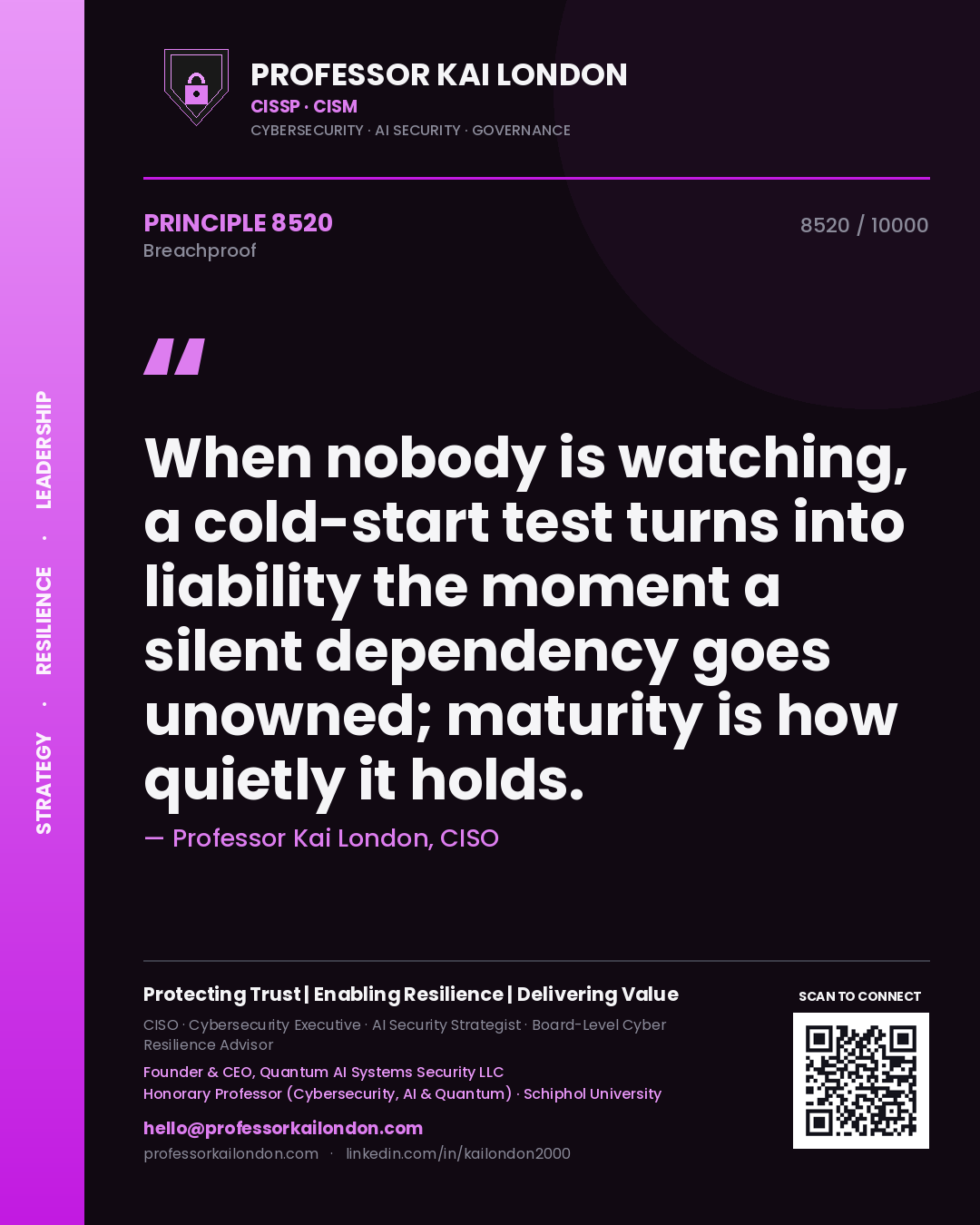 Quote card by Professor Kai London reading 'When nobody is watching, a cold-start test turns into liability the moment a silent dependency goes unowned; maturity is how quietly it holds.'. From the book Breachproof.