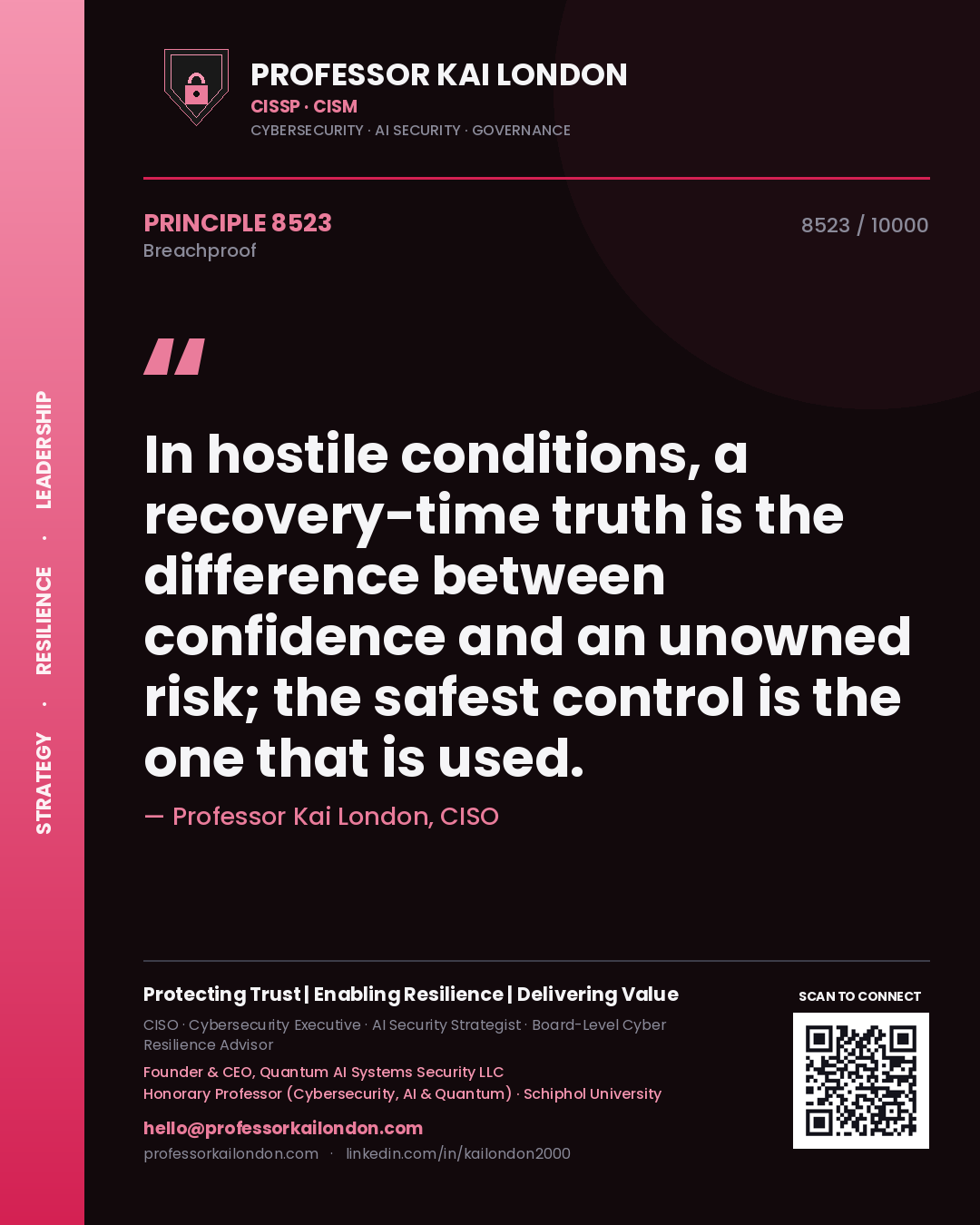 Quote card by Professor Kai London reading 'In hostile conditions, a recovery-time truth is the difference between confidence and an unowned risk; the safest control is the one that is used.'. From the book Breachproof.