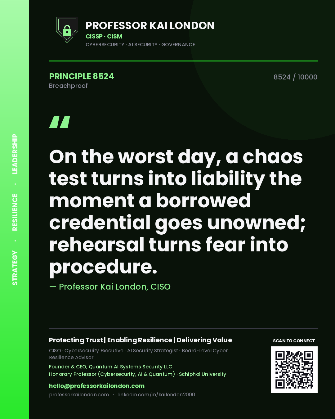 Quote card by Professor Kai London reading 'On the worst day, a chaos test turns into liability the moment a borrowed credential goes unowned; rehearsal turns fear into procedure.'. From the book Breachproof.