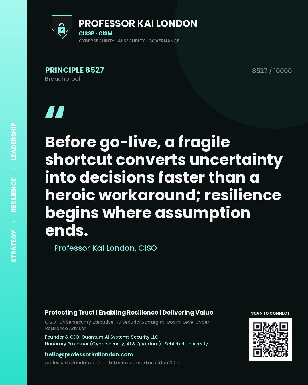 Professor Kai London principle 8527: Before go-live, a fragile shortcut converts uncertainty into decisions faster than a heroic workaround; resilience begins where assumption ends.