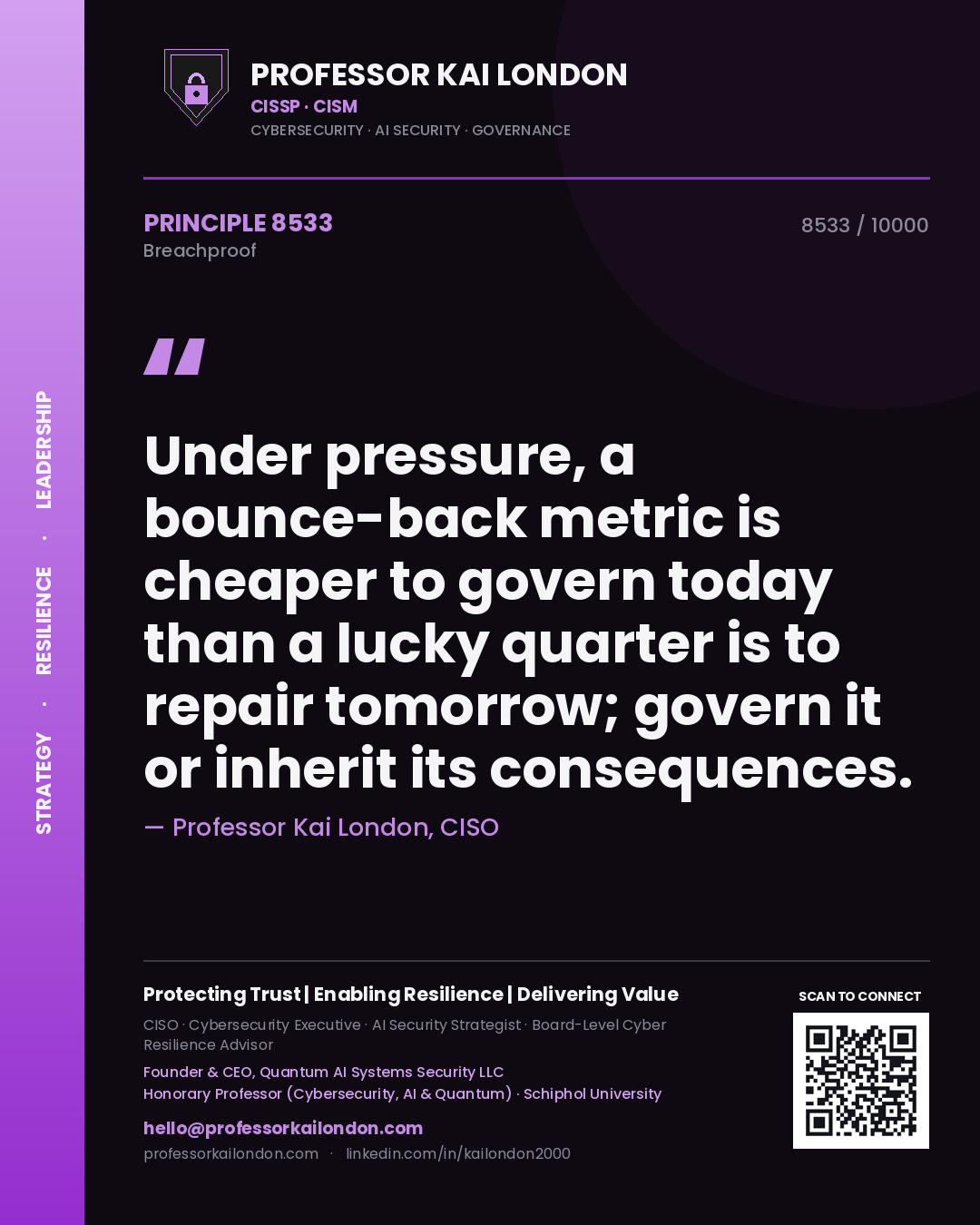 Quote card by Professor Kai London reading 'Under pressure, a bounce-back metric is cheaper to govern today than a lucky quarter is to repair tomorrow; govern it or inherit its consequences.'. From the book Breachproof.