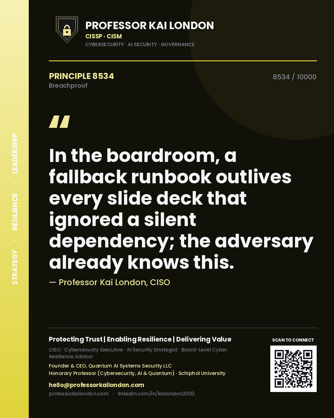 Quote card by Professor Kai London reading 'In the boardroom, a fallback runbook outlives every slide deck that ignored a silent dependency; the adversary already knows this.'. From the book Breachproof.