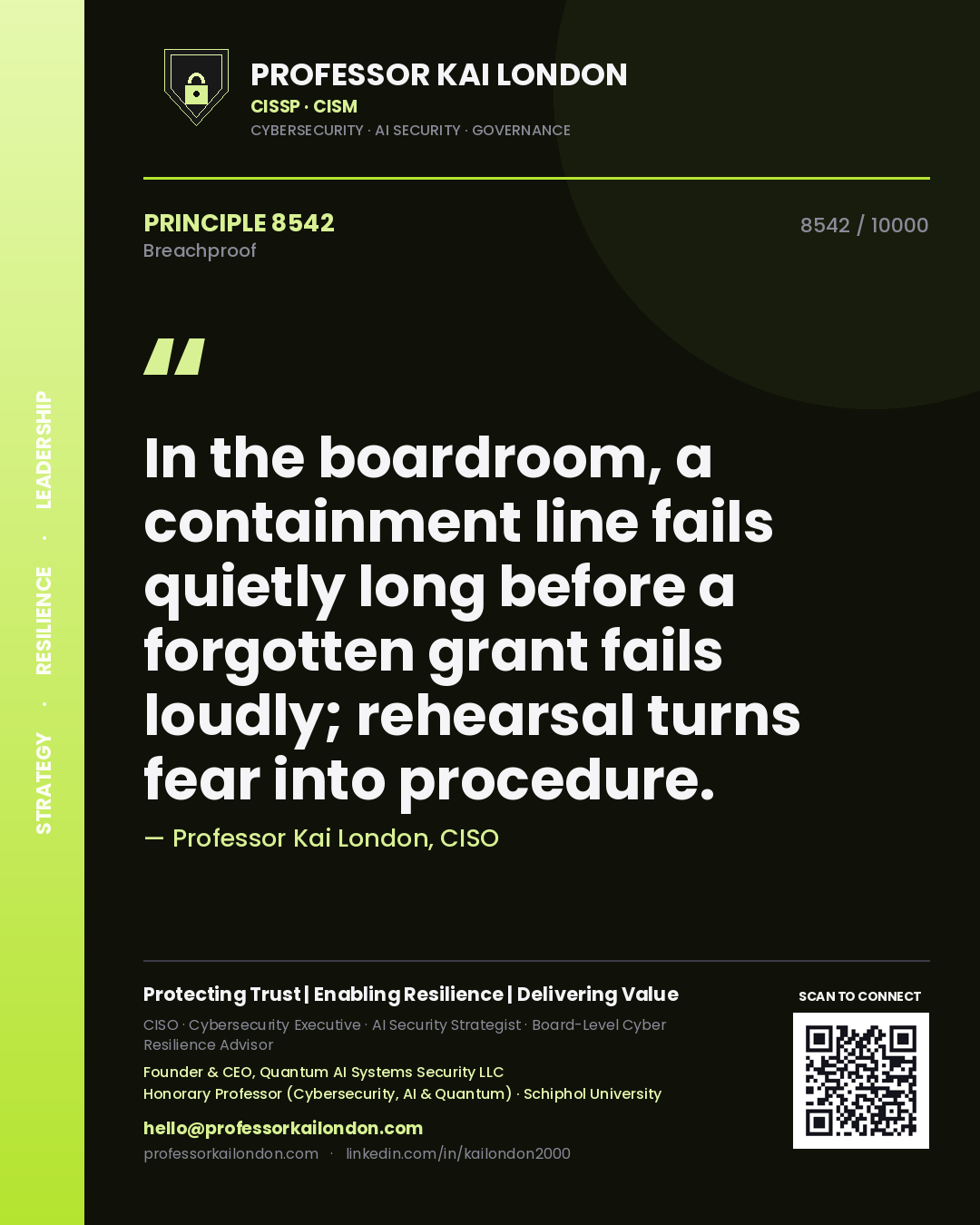 Quote card by Professor Kai London reading 'In the boardroom, a containment line fails quietly long before a forgotten grant fails loudly; rehearsal turns fear into procedure.'. From the book Breachproof.