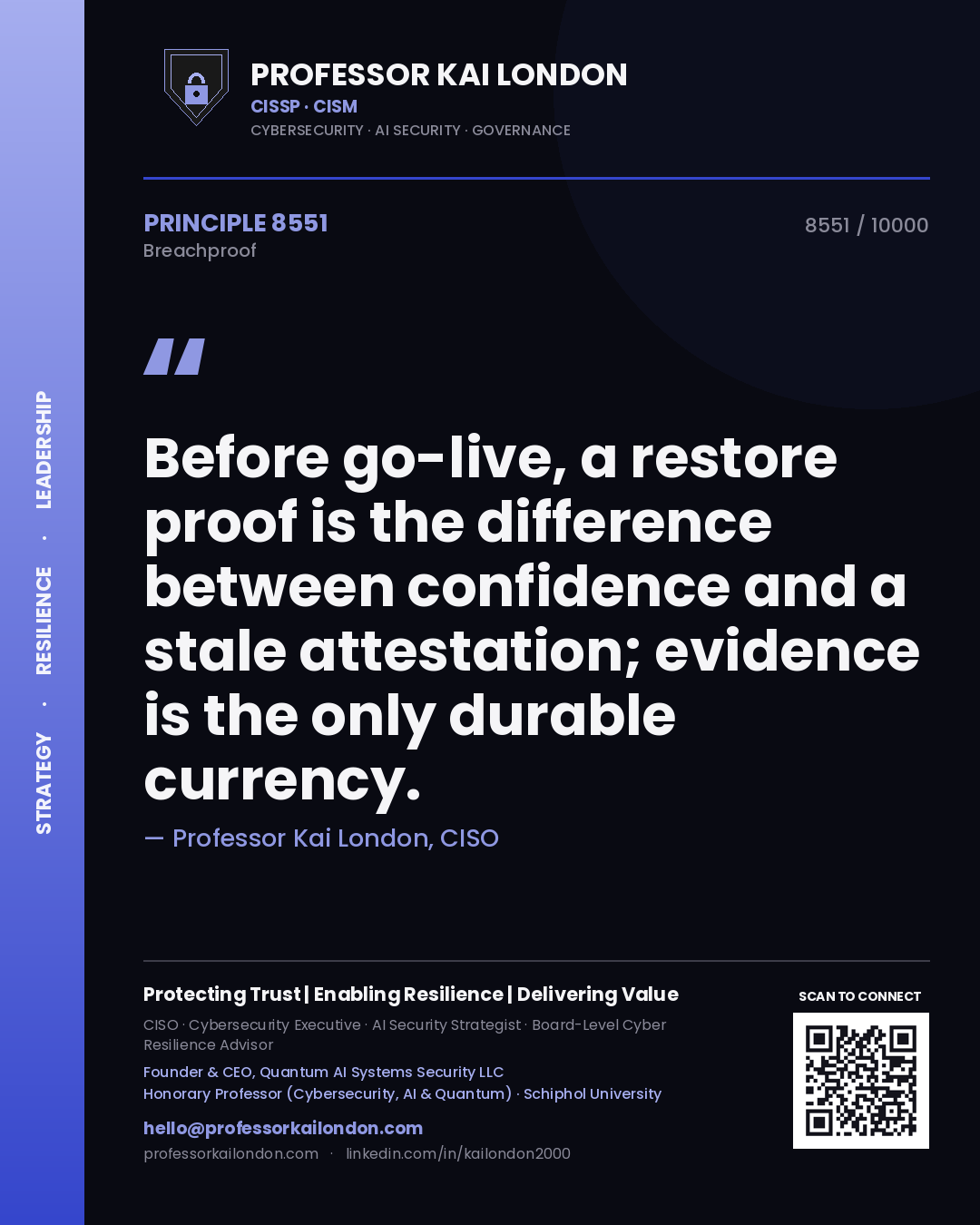 Professor Kai London principle 8551: Before go-live, a restore proof is the difference between confidence and a stale attestation; evidence is the only durable currency.