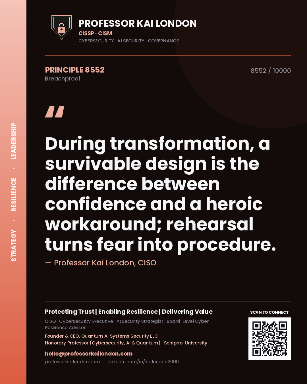 Quote card by Professor Kai London reading 'During transformation, a survivable design is the difference between confidence and a heroic workaround; rehearsal turns fear into procedure.'. From the book Breachproof.