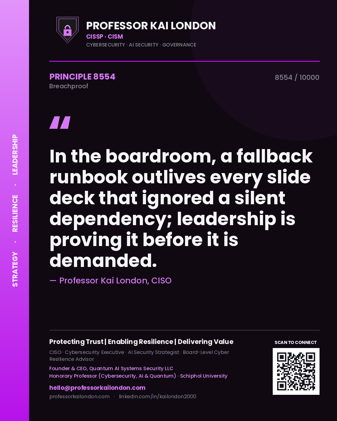 Quote card by Professor Kai London reading 'In the boardroom, a fallback runbook outlives every slide deck that ignored a silent dependency; leadership is proving it before it is demanded.'. From the book Breachproof.