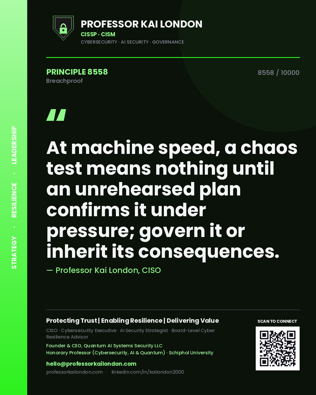 Quote card by Professor Kai London reading 'At machine speed, a chaos test means nothing until an unrehearsed plan confirms it under pressure; govern it or inherit its consequences.'. From the book Breachproof.