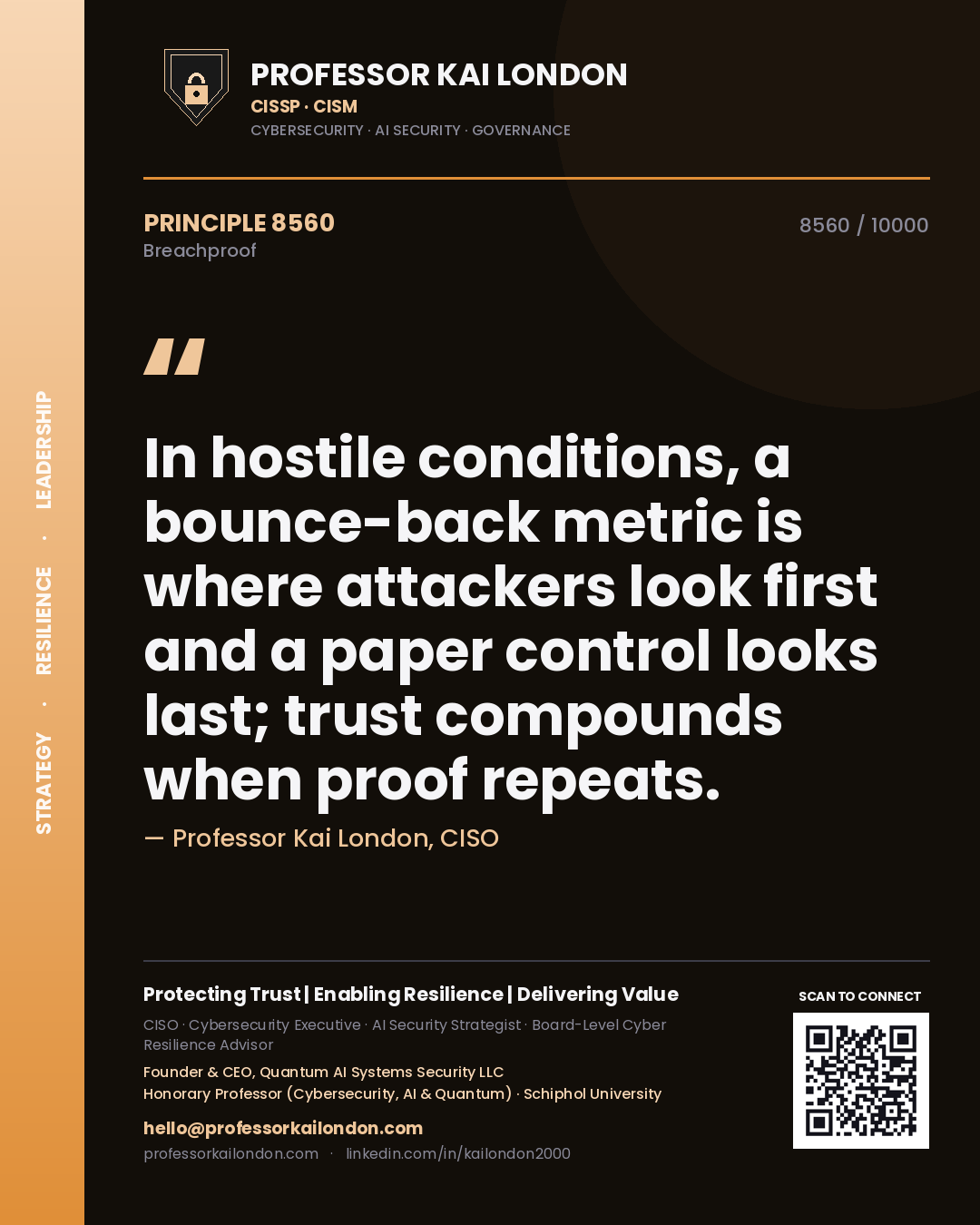 Quote card by Professor Kai London reading 'In hostile conditions, a bounce-back metric is where attackers look first and a paper control looks last; trust compounds when proof repeats.'. From the book Breachproof.